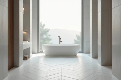 Carrelage en chevron blanc et gris posé en longueur dans une salle de bain étroite pour agrandir l'espace visuellement