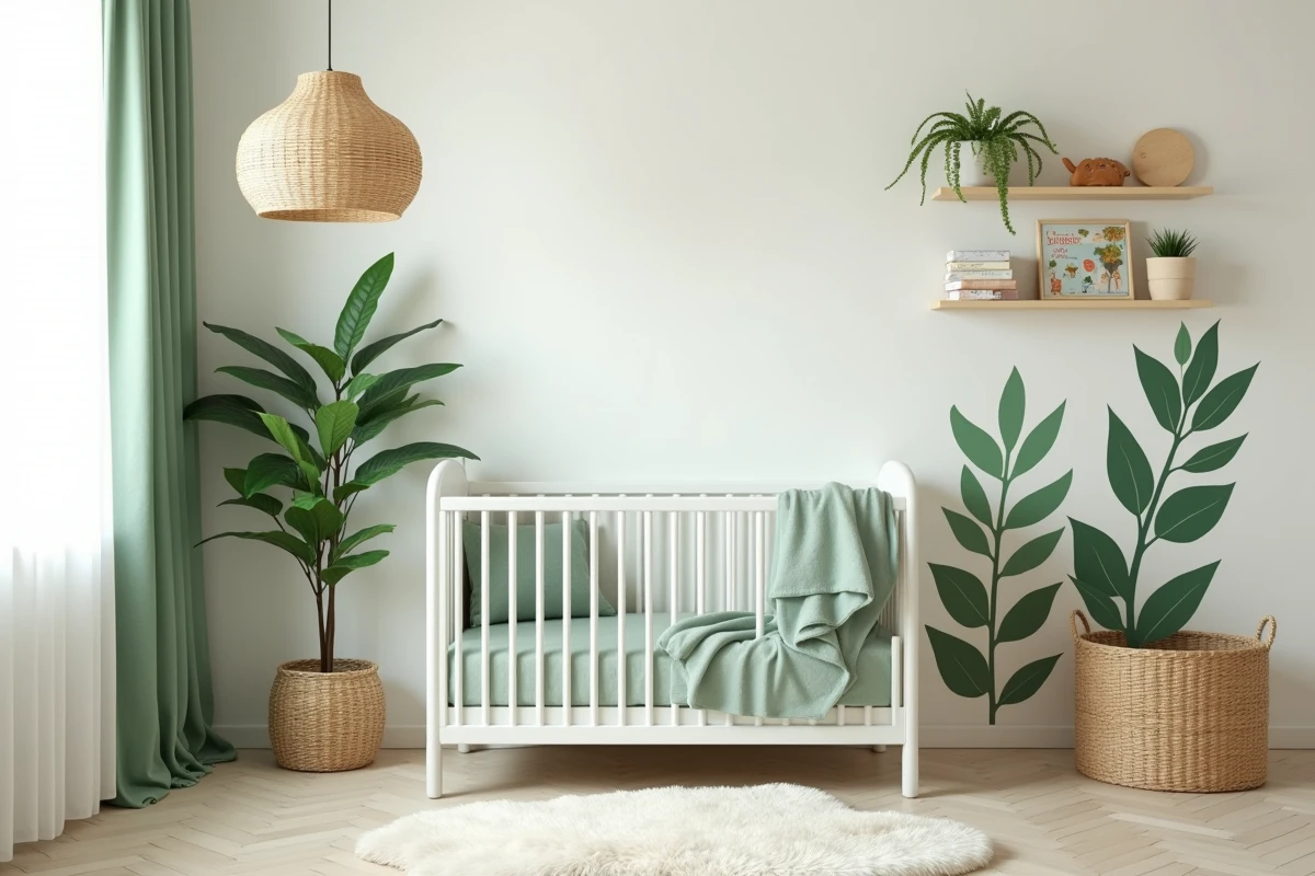 Chambre bébé décorée avec un thème botanique jungle, lit à barreaux blanc, mural feuilles tropicales peint à la main et accessoires en rotin naturel