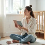Jeune maman assise sur le sol d'une chambre bébé en cours de décoration, tenant des échantillons de couleurs pastel près d'un lit bébé en bois naturel
