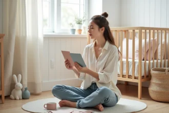Jeune maman assise sur le sol d'une chambre bébé en cours de décoration, tenant des échantillons de couleurs pastel près d'un lit bébé en bois naturel