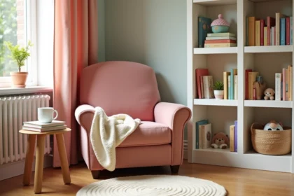 Coin lecture enfant avec fauteuil en velours rose poudré, étagères de livres colorés et tapis en laine dans une chambre décorée en tons pastels