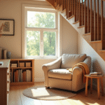 Coin lecture chaleureux sous une escalier moderne en bois