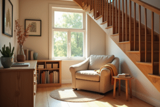 Coin lecture chaleureux sous une escalier moderne en bois