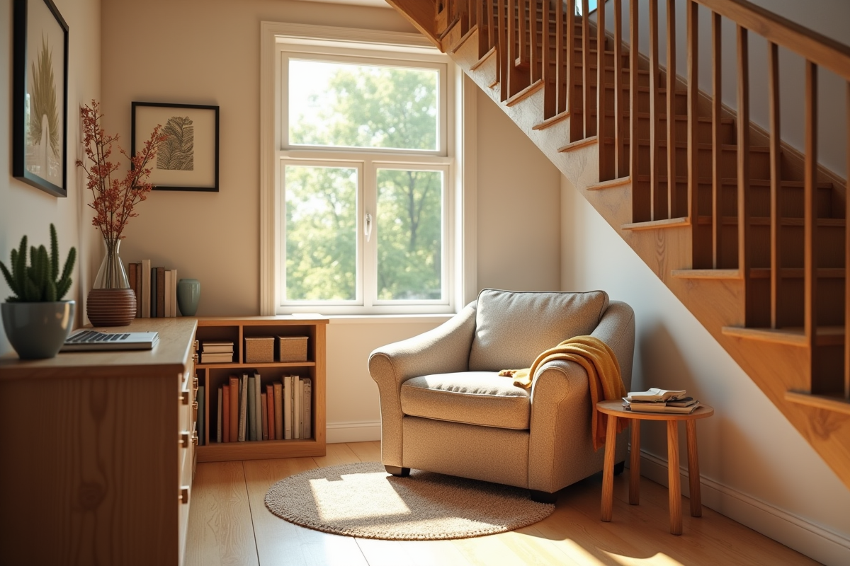 Coin lecture chaleureux sous une escalier moderne en bois