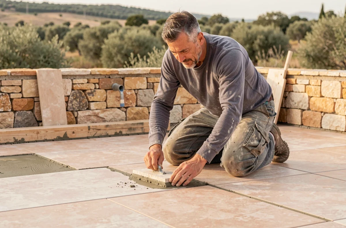Professionnel du Collectif Carrelage appliquant du joint sur une terrasse dans le Gard