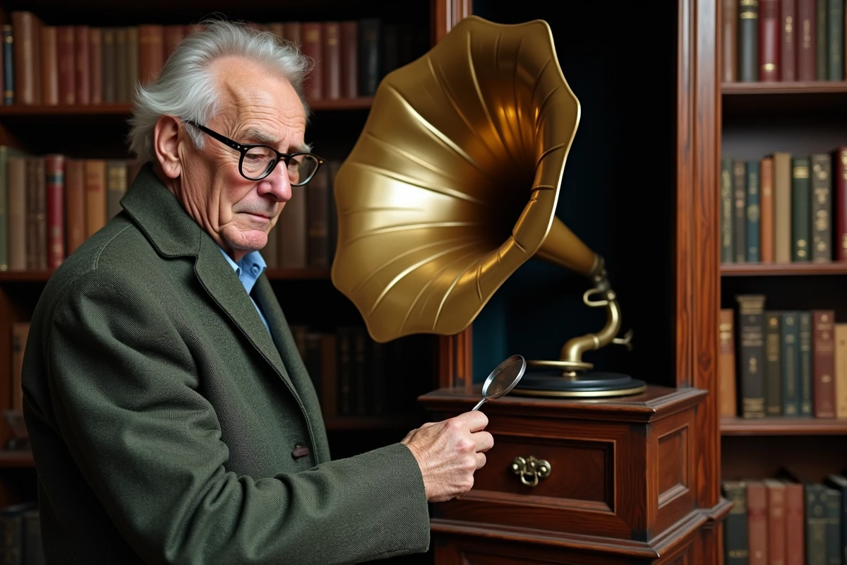 Collectionneur âgé en veste de tweed examinant un gramophone à pavillon dans une bibliothèque, évaluant la valeur d'un modèle ancien