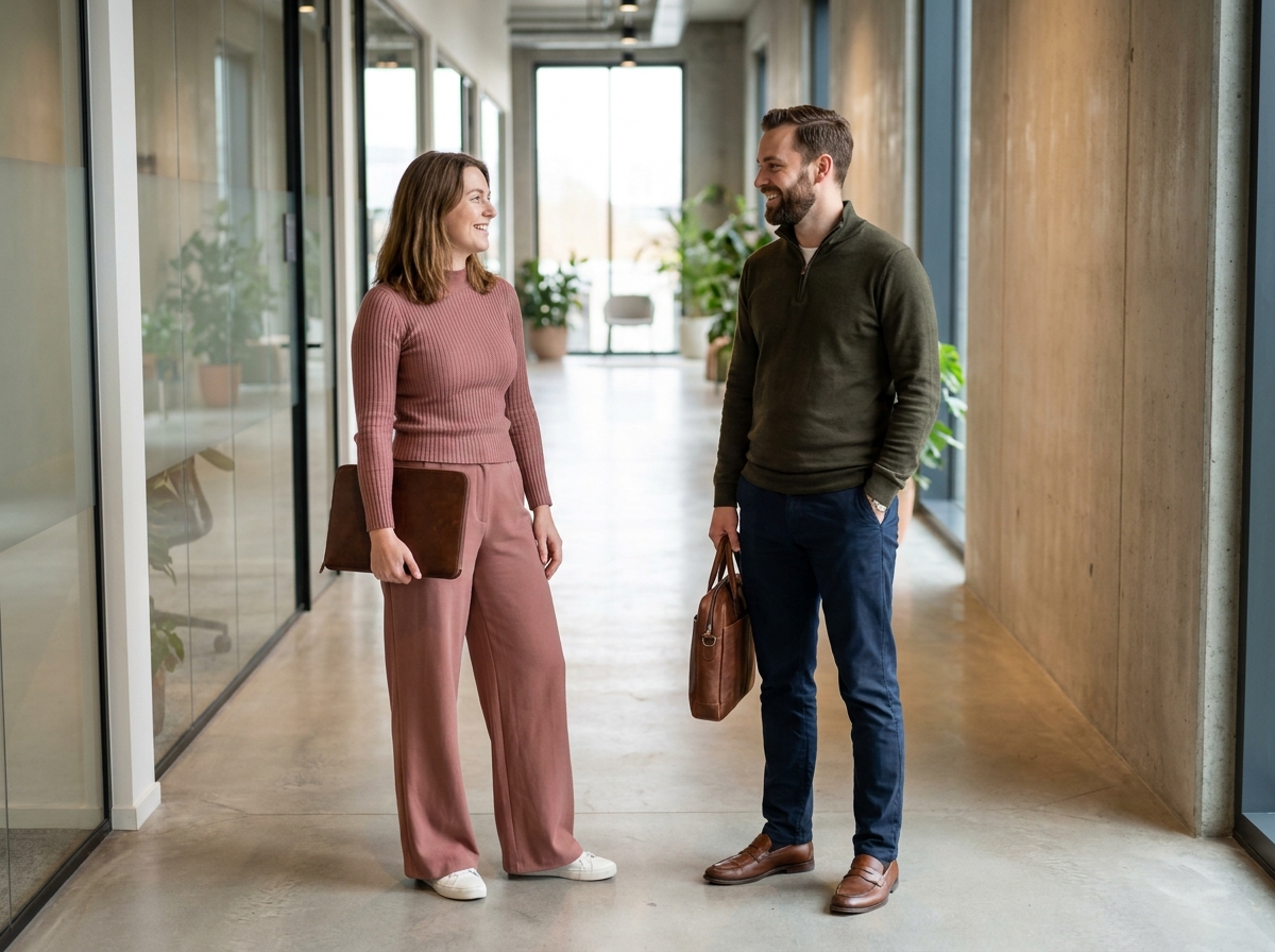 Deux collègues en tenue smart-casual fonctionnelle dans un couloir d'entreprise, illustrant la diversité des besoins vestimentaires en milieu professionnel contemporain