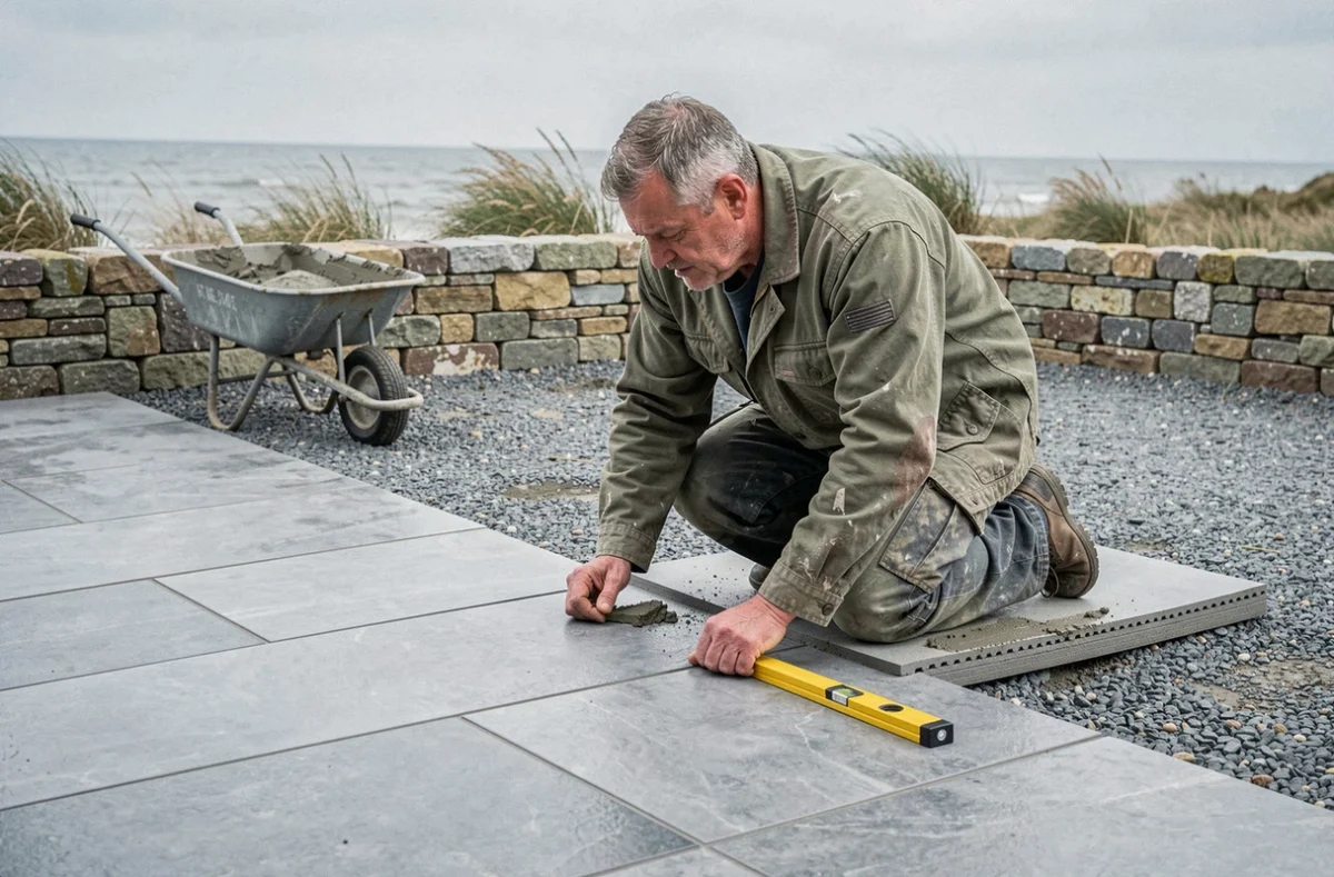 Carreleur de Compao Petit-Caux posant des dalles en porcelaine grise sur une terrasse en bord de mer normand