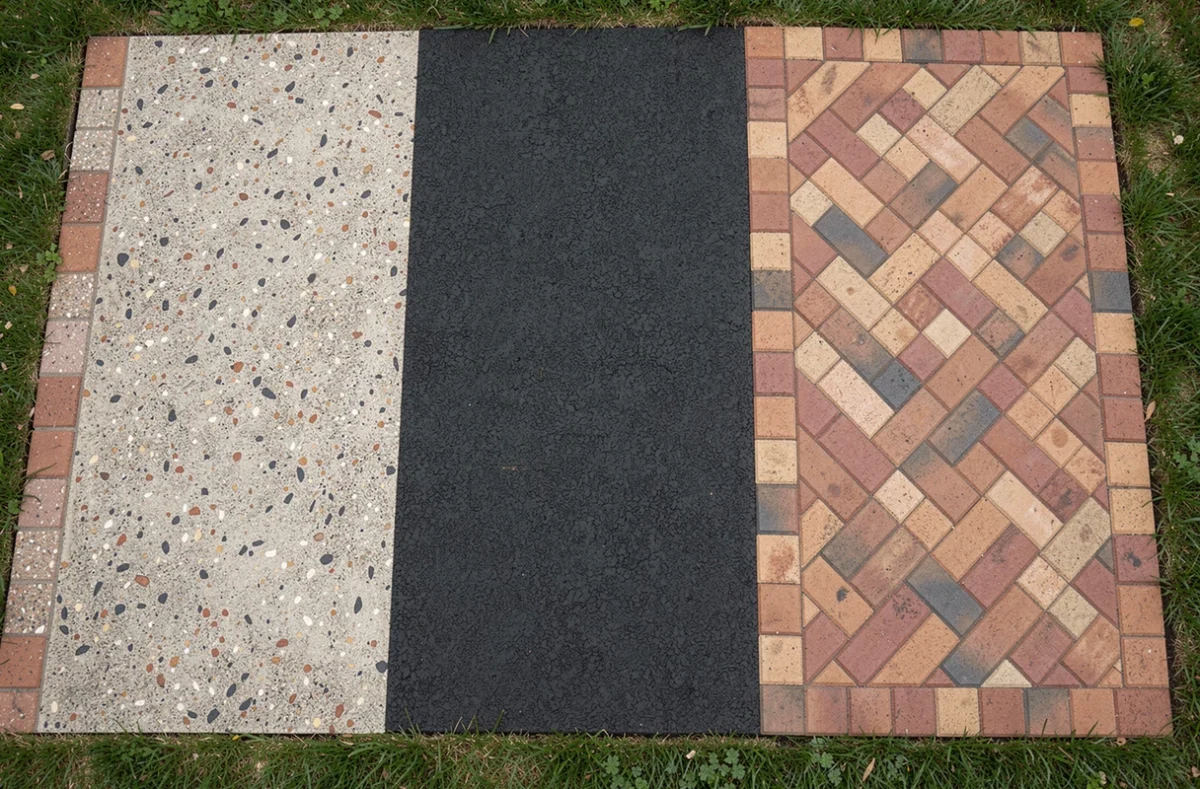 Comparaison côte à côte de béton désactivé, enrobé bitumineux et pavés en brique pour allée de maison
