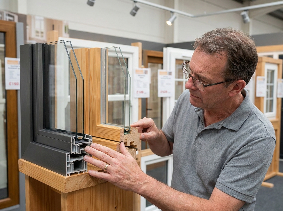 Homme comparant des échantillons de fenêtres en aluminium et en bois dans un showroom de menuiserie