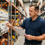 Un homme compare des étiquettes de prix de matériel de travaux dans un magasin de location d'équipements professionnels