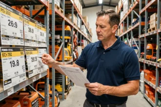 Un homme compare des étiquettes de prix de matériel de travaux dans un magasin de location d'équipements professionnels