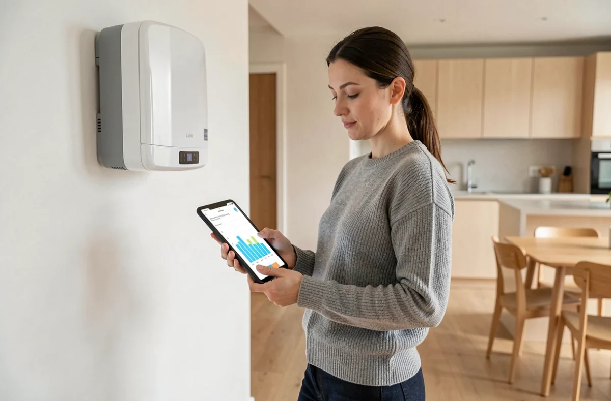Femme consultant un comparatif de prix de pompes à chaleur sur tablette dans un salon moderne