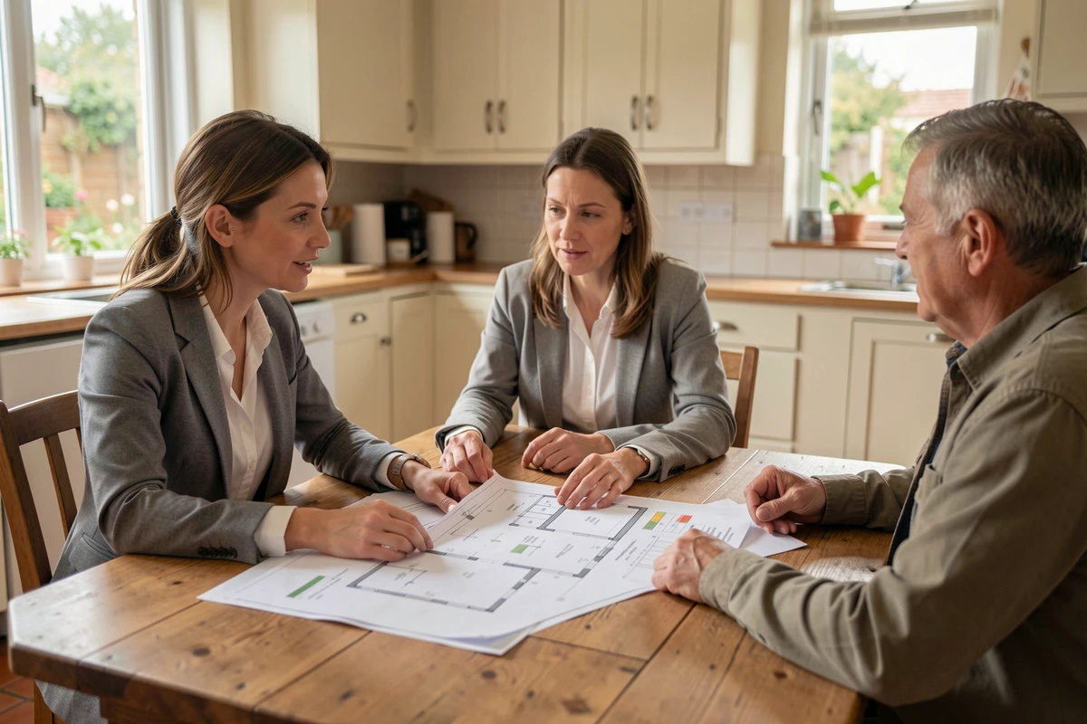 Consultante en rénovation énergétique présentant un rapport de bilan énergétique à un couple de propriétaires autour d'une table