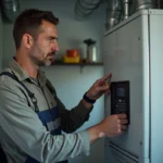 Homme inspectant un panneau de contrôle ventilation moderne