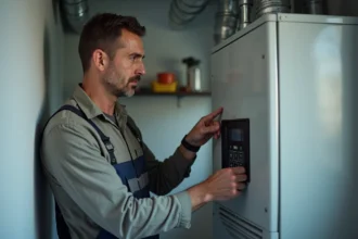 Homme inspectant un panneau de contrôle ventilation moderne