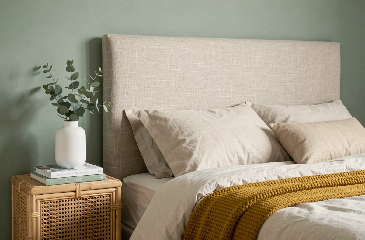 Chambre avec tête de lit en lin beige et mur vert sauge, association de couleurs complémentaires pour une déco apaisante autour du beige