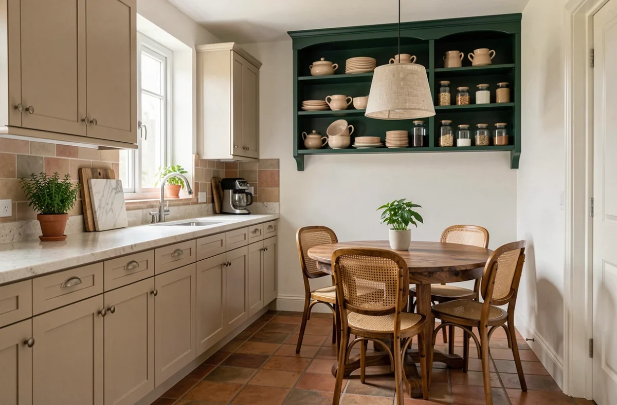 Cuisine avec armoires beige et étagères vert forêt, carrelage terracotta et table en noyer illustrant les associations de couleurs complémentaires au beige