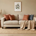 Salon cosy avec canapé beige et coussins terracotta et bleu poudré, illustration des couleurs complémentaires du beige en décoration intérieure