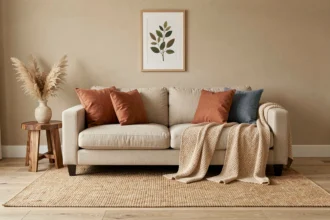 Salon cosy avec canapé beige et coussins terracotta et bleu poudré, illustration des couleurs complémentaires du beige en décoration intérieure