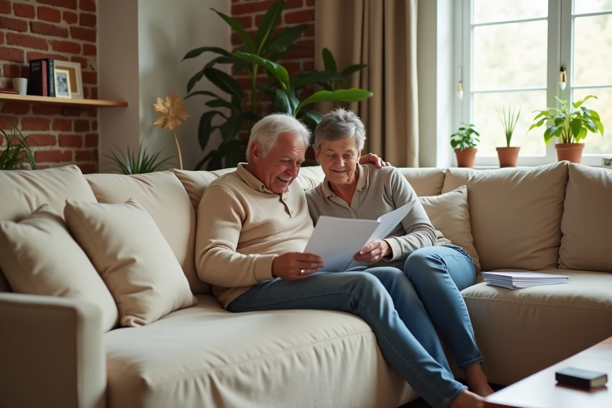 Couple installé sur un canapé d'angle recouvert d'une housse beige en velours, consultant un guide de tailles dans un salon cosy