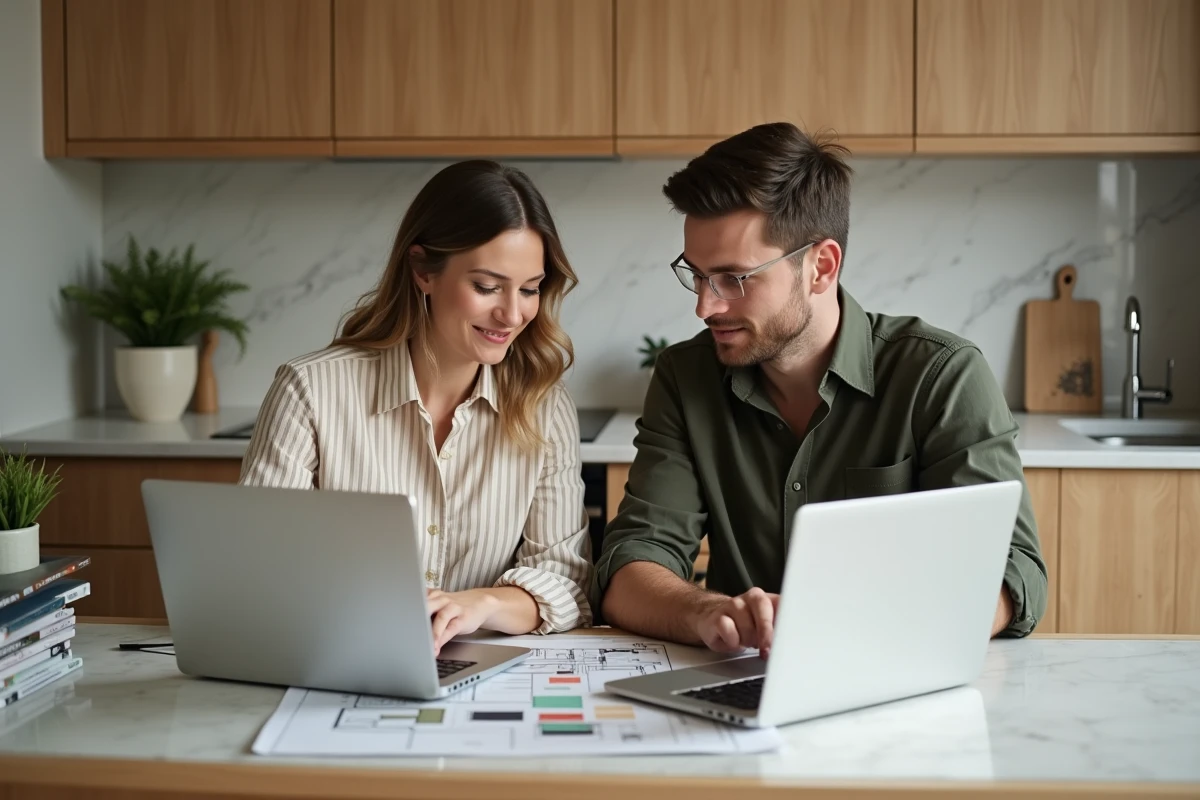 Couple travaillant ensemble sur des logiciels de plans 3D alternatifs à Kozikaza autour d'une table de cuisine