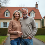 Couple français souriant devant leur maison neuve