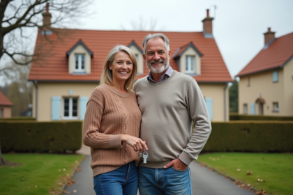 Couple français souriant devant leur maison neuve