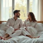 Jeune couple au réveil dans une chambre moderne et minimaliste