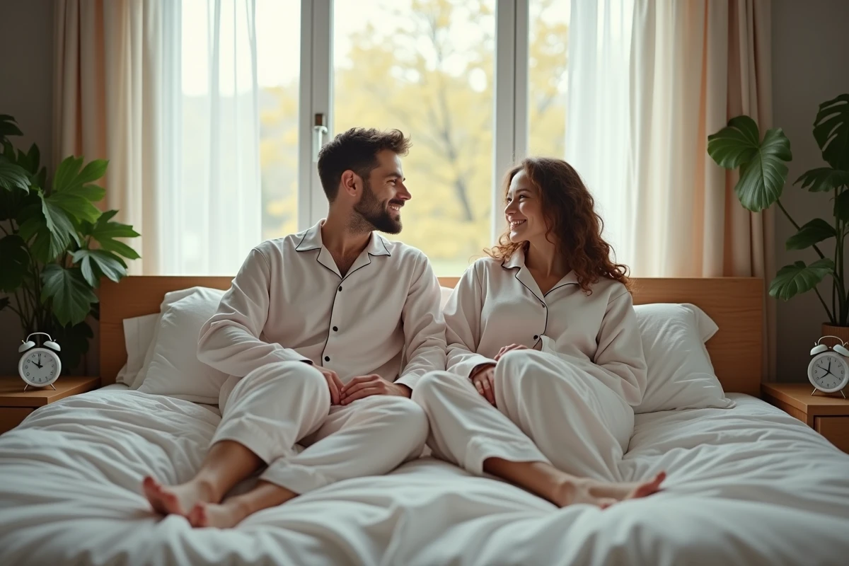 Jeune couple au réveil dans une chambre moderne et minimaliste