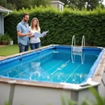 Couple examinant les dimensions d'une piscine hors-sol non imposable dans un jardin de maison individuelle