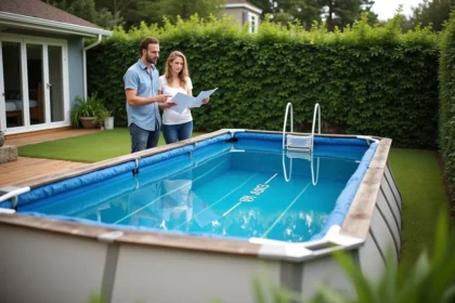 Couple examinant les dimensions d'une piscine hors-sol non imposable dans un jardin de maison individuelle