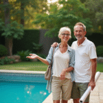 Couple souriant près de la piscine de jardin