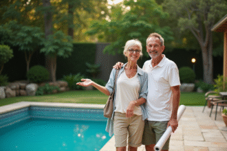 Couple souriant près de la piscine de jardin