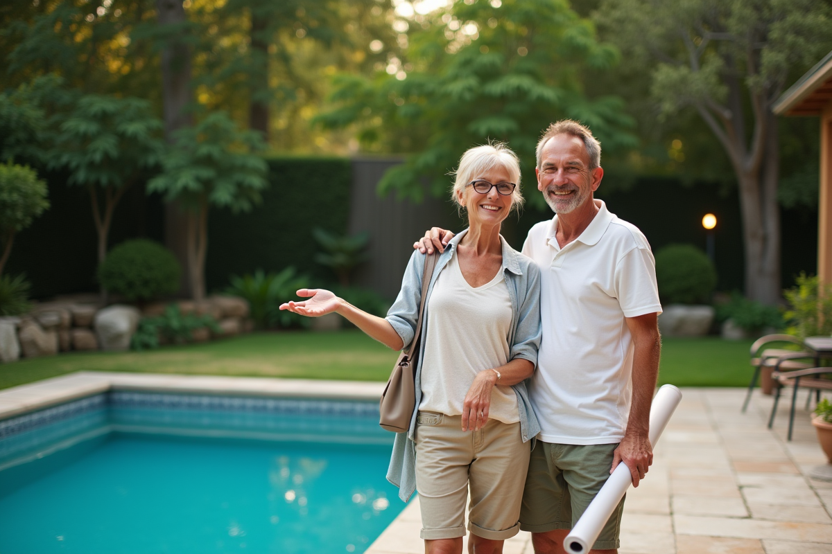 Couple souriant près de la piscine de jardin