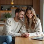 Jeune couple souriant devant un plan 3D maison