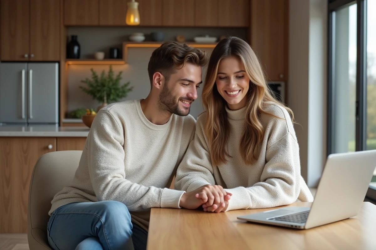 Jeune couple souriant devant un plan 3D maison