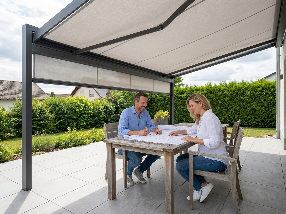 Couple assis sous un store sur une terrasse rénovée en examinant les plans d'aménagement extérieur