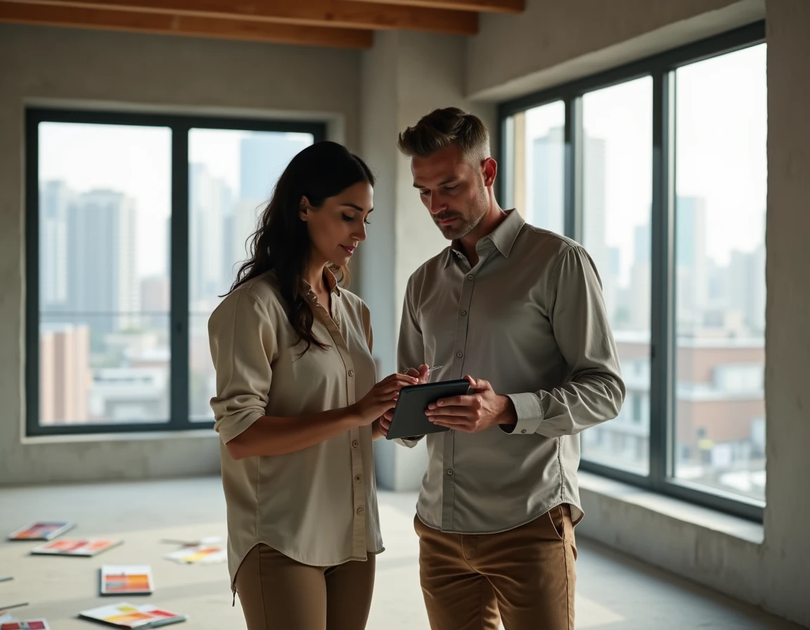 Couple visualisant l'aménagement d'un appartement vide sur tablette avant de signer un achat immobilier