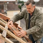 Couvreur posant des tuiles en terre cuite sur une toiture en cours de surélévation dans un quartier résidentiel français