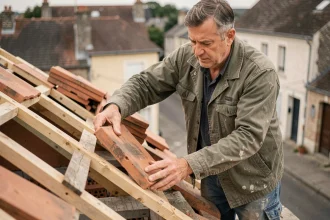 Couvreur posant des tuiles en terre cuite sur une toiture en cours de surélévation dans un quartier résidentiel français