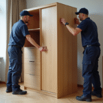 Deux déménageurs en uniforme démontent un grand placard dans un appartement moderne