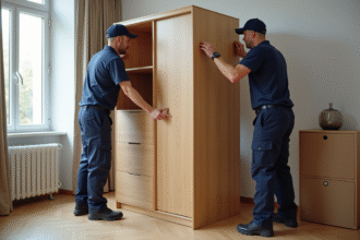 Deux déménageurs en uniforme démontent un grand placard dans un appartement moderne