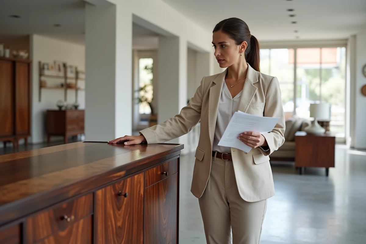 Designer mobilier inspectant un meuble en bois de rose avec des défauts de finition dans un showroom contemporain