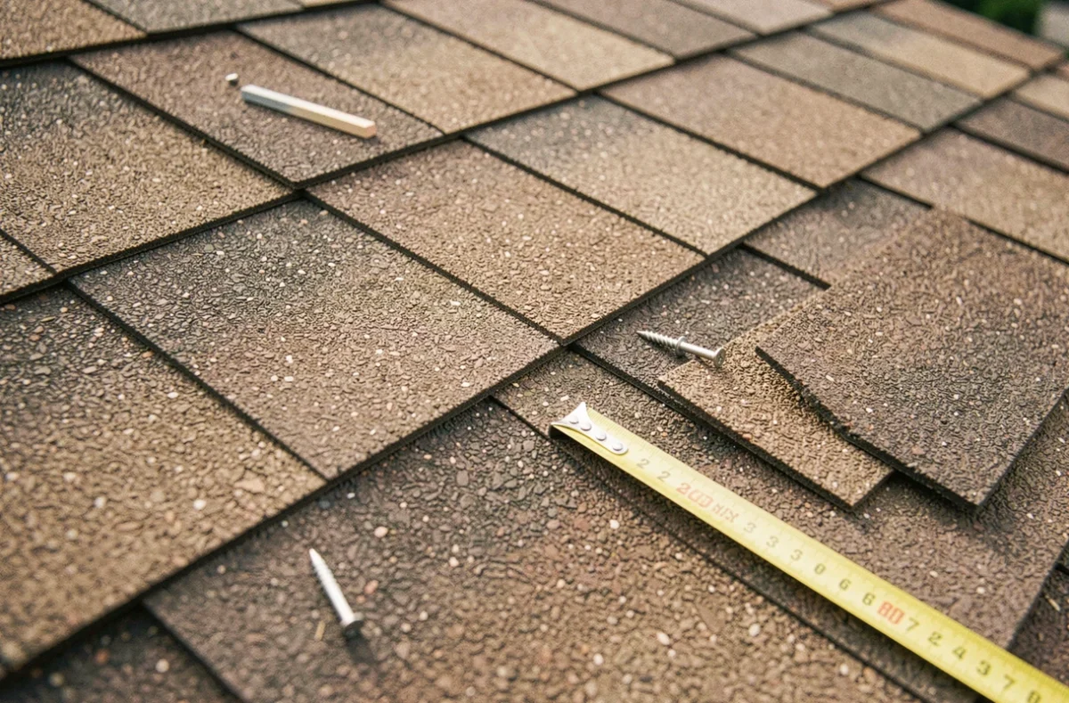 Détail de bardeaux d'asphalte architecturaux posés sur une toiture avec outils de mesure