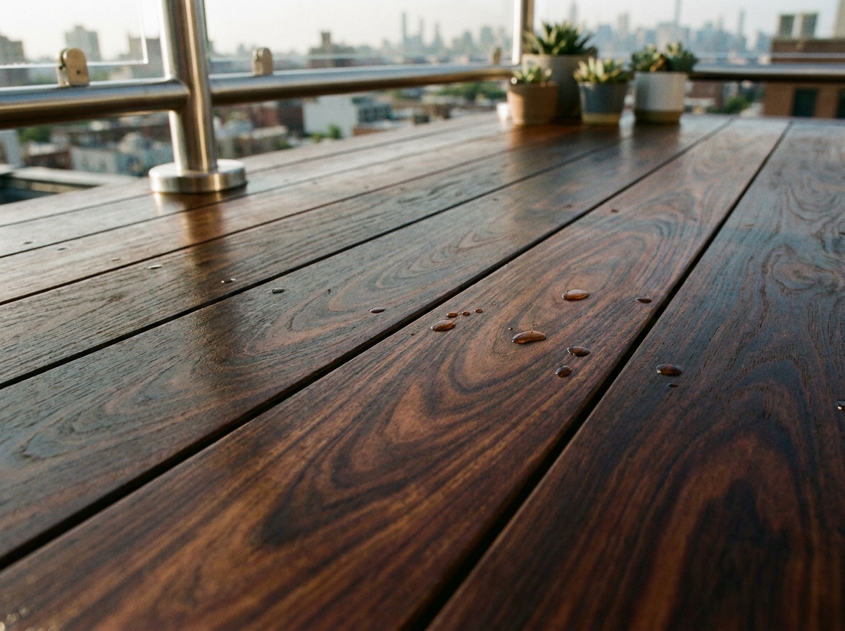 Gros plan sur des lames de bois exotique ipé huilé avec grain naturel sur une terrasse urbaine
