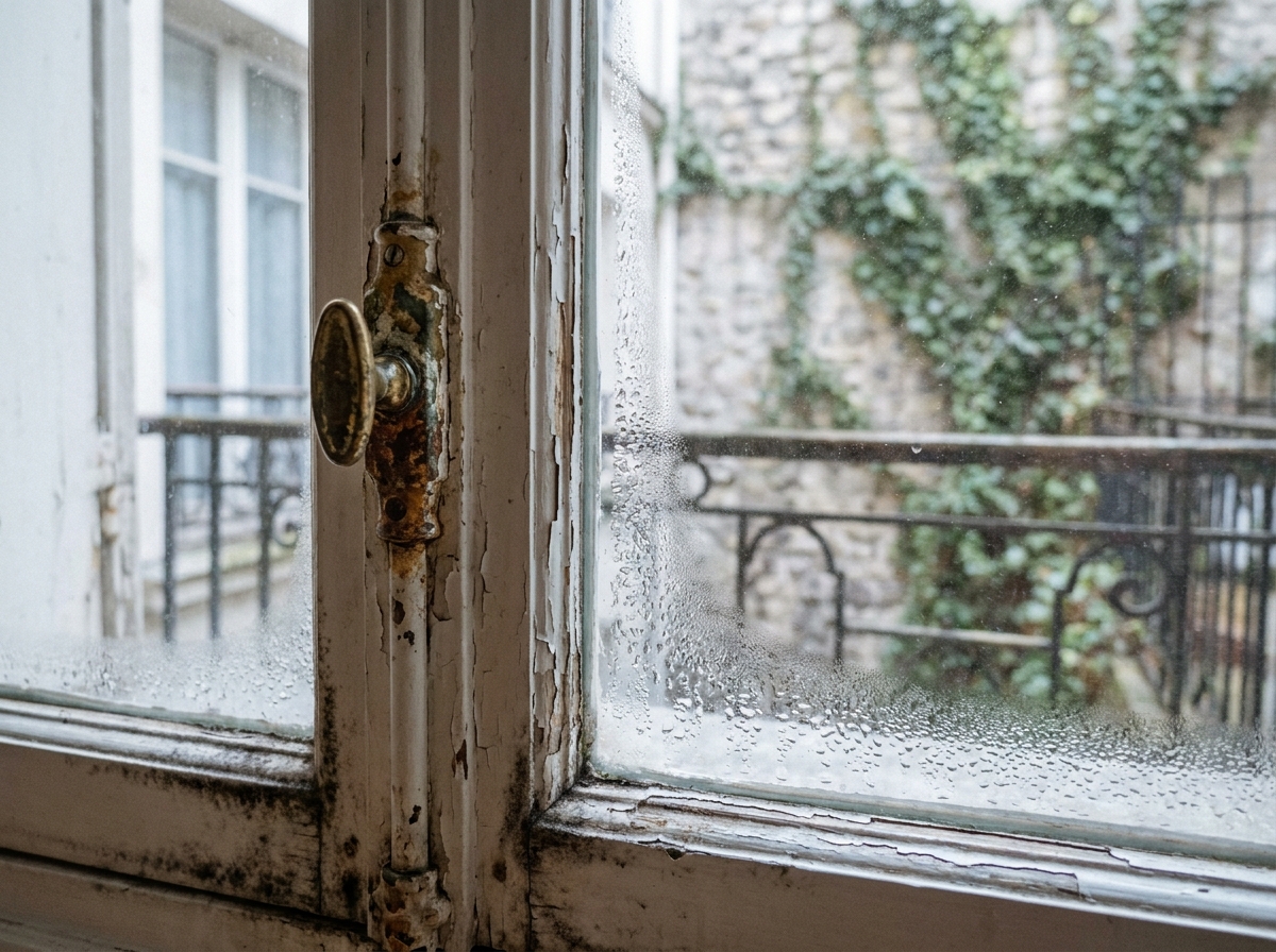 Détail d'une vieille fenêtre parisienne avec condensation entre les vitres et peinture écaillée signe de vétusté