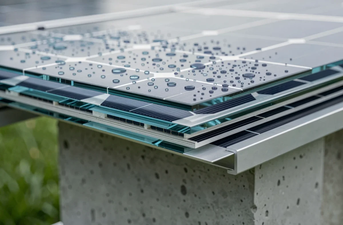 Vue macro en coupe transversale d'un panneau solaire biverre révélant la double couche de verre trempé, les cellules photovoltaïques et la résistance aux intempéries