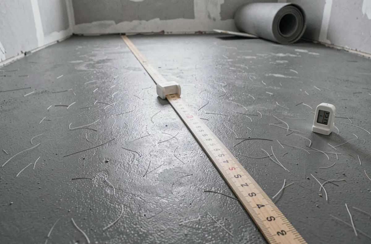 Gros plan sur une surface de ragréage fibré avec hygromètre et règle de contrôle de planéité avant pose de stratifié