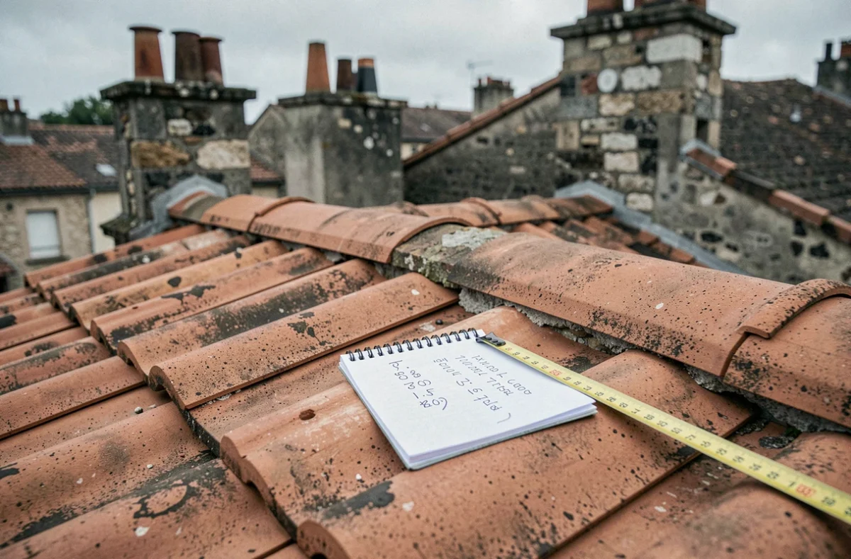 Détail de tuiles en terre cuite sur une toiture avec carnet de devis et mètre ruban pour estimation du prix au m2